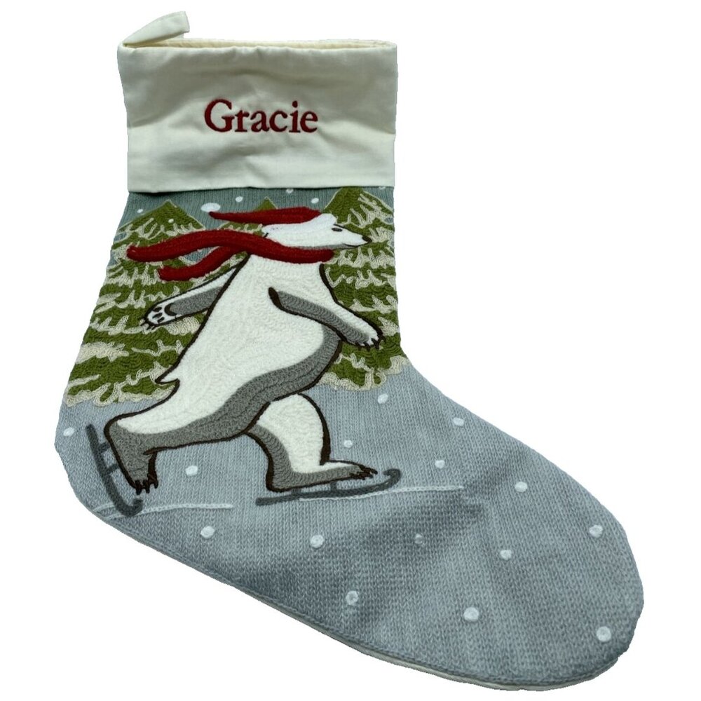 Pottery Barn Gracie Skating Polar Bear Crewel Embroidery Christmas Stocking Xmas